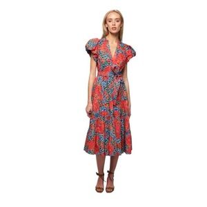 Ulla Johnson Red and Blue Floral Ottilie Midi Dress